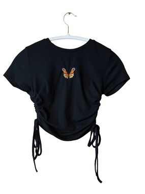 SHEIN Black Ribbed Butterfly Side Tie Crop Top